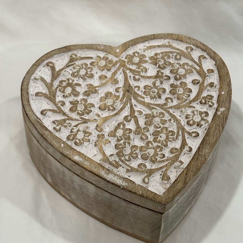 Wood Heart Box Swing Open Lid Scandinavian Bohemian Indie Handcrafted 5” Wide